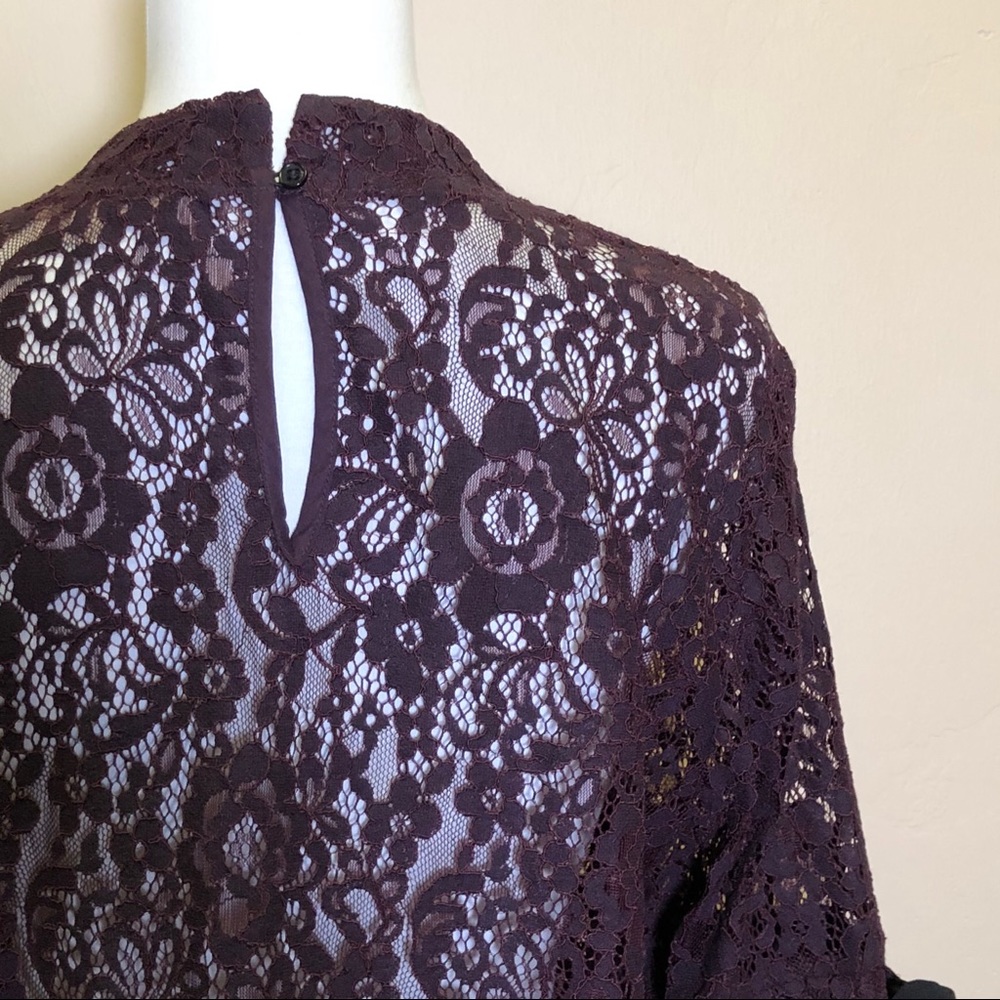 Ann Taylor LOFT plum lace bell sleeve blouse with bows at sleeves Dark feminine - Picture 5 of 8